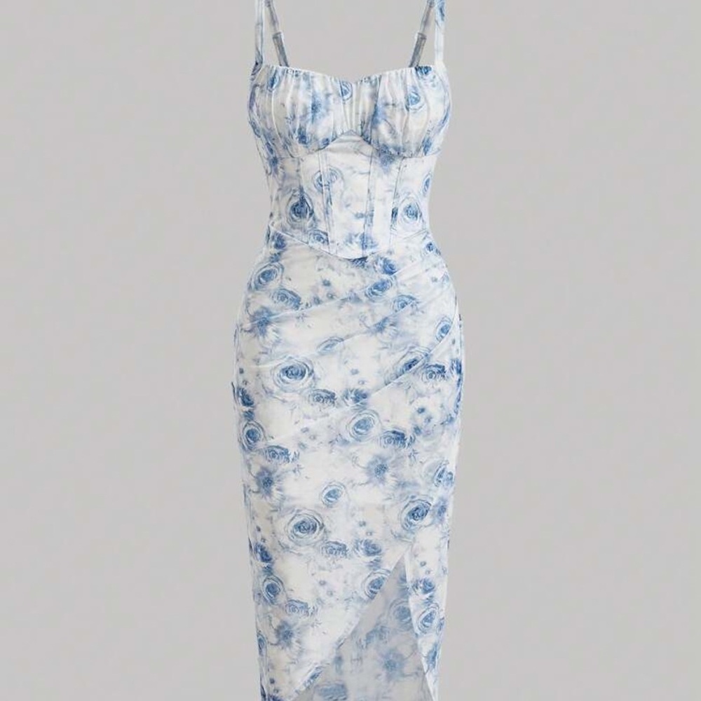 Blue and White Rose Midi Dress